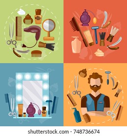 Barbers shop set, professional hairdresser barber tools hipster beard sign vector illustration. Barbers shop for man 