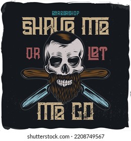 A barber's skull with shaving tools behind hi,