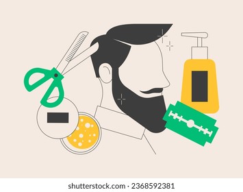 Barbershop abstract concept vector illustration. Haircut service, beard shaving, moustache trimming, mans style, hairdresser scissors, hairstylist chair, professional care abstract metaphor.