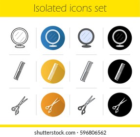 Barbershop accessories icons set. Flat design, linear, black and color styles. Table mirror, scissors, comb. Isolated vector illustrations