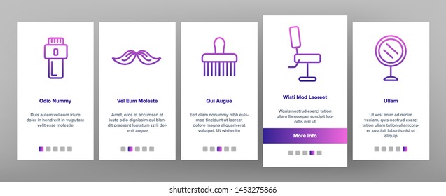 Barbershop Accessories Vector Onboarding Mobile App Page Screen. Barbershop Accessories, Hairdressers Tools Linear Pictograms. Combs, Blow Dryer, Shaving Instruments, Furniture Illustrations