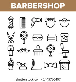 Barbershop Accessories Vector Thin Line Icons Set. Barbershop Accessories, Hairdressers Tools Linear Pictograms. Combs, Blow Dryer, Shaving Instruments, Professional Furniture Contour Illustrations