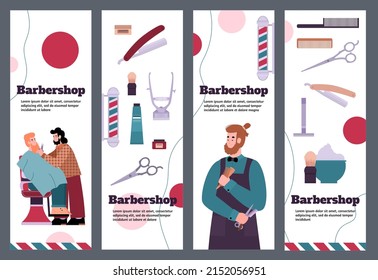 Barbershop advertising leaflet or flyer with cartoon male characters, flat vector illustration. Men beard and haircut equipment - razors, brushes and scissors. Client sits on chair during beard cut.