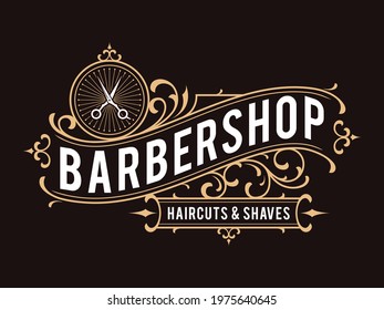 Barbershop antique vintage lettering logo with decorative ornamental frame