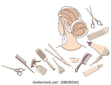 Barbershop background with professional hairdressing tools. Haircutting illustration.