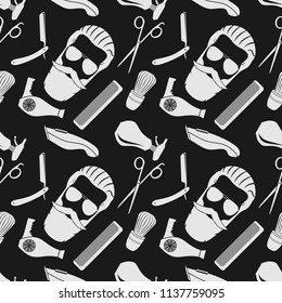 Barbershop background, seamless pattern with hairdressing scissors, shaving brush, razor, comb, hipster face, hair dryer, hair clipper and spray bottle . Vector illustration