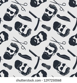Barbershop background, seamless pattern with hairdressing scissors,  razor and hipster face. Vector illustration