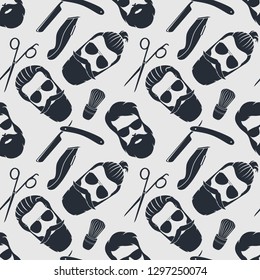 Barbershop background, seamless pattern with hairdressing scissors,  razor and hipster face. Vector illustration