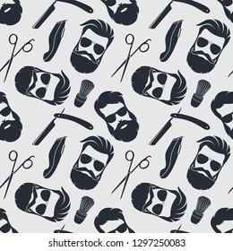 Barbershop background, seamless pattern with hairdressing scissors,  razor and hipster face. Vector illustration