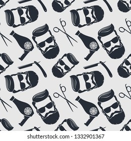 Barbershop background, seamless pattern with hairdressing scissors,  razor and hipster face. Vector illustration
