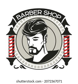 Barbershop Badge or Emblem with barber pole in Vintage Style