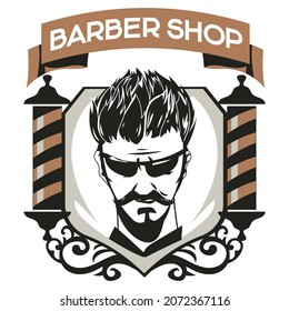 Barbershop Badge or Emblem with barber pole in Vintage Style