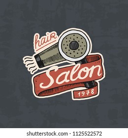 Barbershop badge label logo. hair dryer for man. Hipster emblem for signboard Haircut of beard and mustache. Engraved hand drawn in old vintage sketch. Modern Lettering
