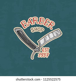 Barbershop badge label logo. Razor emblem for signboard Haircut of beard and cute shave. Engraved hand drawn in old vintage sketch. Modern Lettering
