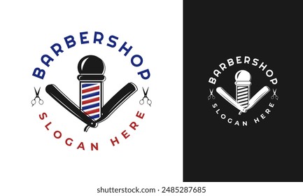 Barbershop badge logo design. Barber symbol with pole and razor concept. Haircut salon vector