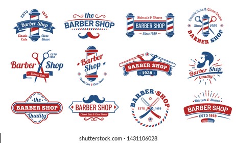 Barbershop badges. Vintage barber label, retro shave salon badge and gentleman haircut old sign. Barbers hipster mustache or beard logotype, barbering tattoo. Vector illustration isolated symbols set