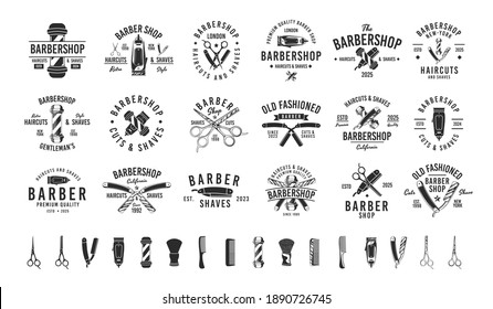 Barbershop, Barber, las plantillas de logotipo de hipster vintage del salón de Haircut. 18 Logotipos y 16 elementos de diseño para peluquería, peluquería. Las plantillas de emblemas de la peluquería. Ilustración del vector