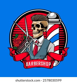 Barbershop Beard Hipster Skull with Scissor, Comb and Barber's Pole Elements Logotype Badge Illustration