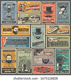 Barbershop, beard, mustache and hair salon retro banners. Vector barber shop poles, hairdresser chairs, haircut shavers and scissors, bearded hipsters, straight razors and clippers, blades and combs