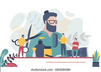 Barbershop or beauty salon, concept banner. Fashion male character, glamour guys. Stylist and hairdresser at work. Teamwork, male workers hold comb and use scissors. Flat vector illustration