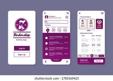 Barbershop booking application. User interface design template
