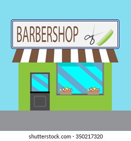 Barbershop building cartoon style. Business and shop, front store, architecture and window. Vector art design abstract unusual fashion illustration