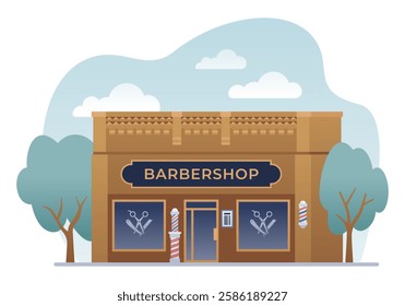 Barbershop building flat, color illustration. Isolated vector icon on white background. Local barber shop entrance graphic. Local business facade. Old vintage architecture of downtown.