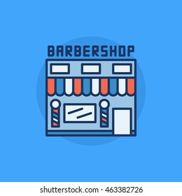 Barbershop building flat icon - vector hairdresser salon symbol. Colorful barbershop symbol on blue background