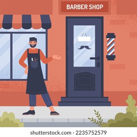 Barbershop business concept. Young person invites people to cut and shave his beard. Style and luxury, aesthetics and elegance. Small business owner outdoor. Cartoon flat vector illustration