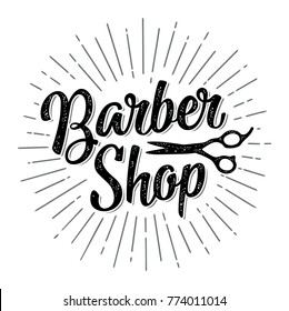 BarberShop calligraphic lettering and scissors. Vector hand drawn vintage engraving monochrome illustration isolated on white background. For poster, label, banner, web