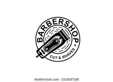 Barbershop circle seal emblem logo design with razor hair illustration