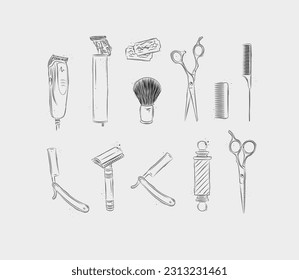 Barbershop collection with clipper, trimmer, blade, shaving brush, scissors, comb, straight razor, barber pole drawing on light background