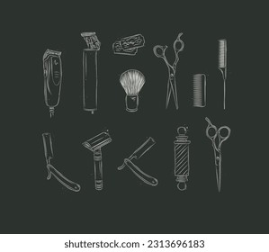 Barbershop collection with clipper, trimmer, blade, shaving brush, scissors, comb, straight razor, barber pole drawing on black background