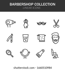 Barbershop collection linear icons in black on a white background