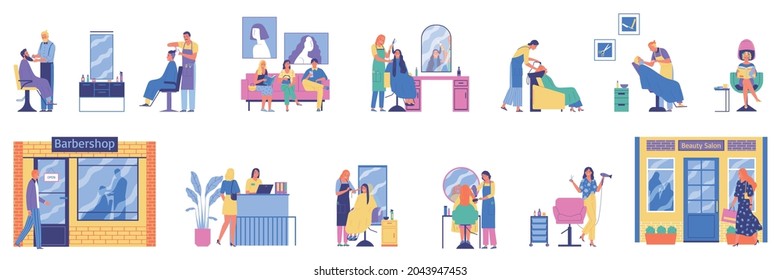 Barbershop color set with isolated icons human characters and images of hairdressing equipment with various facilities vector illustration