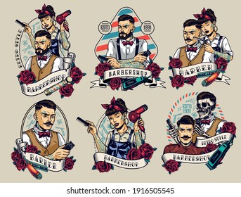 Emblemas coloridos de barbería con hembras macho y esqueletos barberos navaja rastra peinadora peinadora recta rosas secadoras de peine de estilo vintage ilustración vectorial aislada