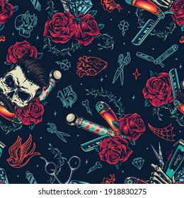 Barbershop colorful vintage seamless pattern with stylish mustached skull pole diamonds skeleton hands with barber tools barbed wire stem with roses vector illustration