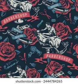 Barbershop colorful vintage seamless pattern with man cutting beard and doing hairstyle to client hairdressing salon and roses vector illustration