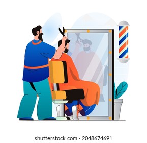 Barbershop concept in modern flat design. Hairdresser cutting client hair in male salon. Man customer came to stylist to get professional hair care and fashionable hairstyle. Vector illustration