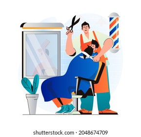 Barbershop concept in modern flat design. Hairdresser cutting client hair and shaving beard in male salon. Man sitting at chair. Professional hair care and fashionable hairstyle. Vector illustration