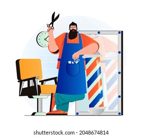 Barbershop concept in modern flat design. Professional hairdresser or barber hold scissors and wait for clients. Hair care procedures, fashionable haircut and hairstyle in salon. Vector illustration