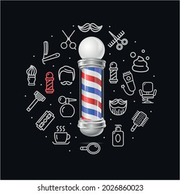 Barbershop Concept with Realistic Detailed 3d Barber Pole and Thin Line Icons Set Include of Razor, Beard and Mustache. Vector illustration