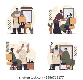 Barbershop concept scenes set in flat web design. People in situations of getting haircut and hairstyle, hairdressers shaving beard and mustaches, doing client care treatment. Vector illustrations.