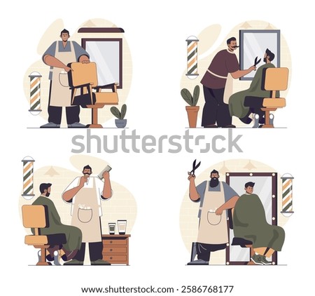 Barbershop concept scenes set in flat web design. People in situations of getting haircut and hairstyle, hairdressers shaving beard and mustaches, doing client care treatment. Vector illustrations.