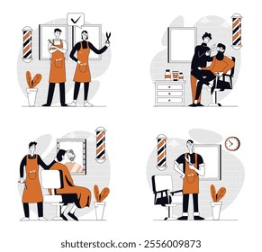 Barbershop concept set in flat design for web. Collection with people getting professional haircut and styling, hairdressers shaving beard and mustaches, doing care treatment. Vector illustrations.