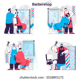 Barbershop concept set. Hairdresser makes men hairstyles, shaves and cares beard. People isolated scenes in flat design. Vector illustration for blogging, website, mobile app, promotional materials.