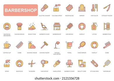 Barbershop concept simple line icons set. Pack outline pictograms of mirror, razor, mustache, beard, lotion, barber pole, scissors, shaver and other. Vector elements for mobile app and web design