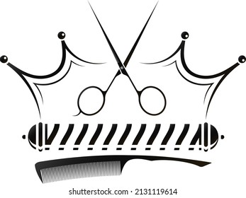 Barbershop crown. Scissors and comb barber tool. Barbershop and hair salon gold symbol