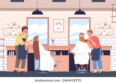 Barbershop customers. Barber working cut hair to man chair at mirror, men haircut beard grooming, male hairstylist cartoon character in hairdresser salon classy vector illustration