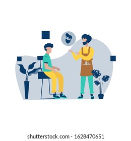 Barbershop cuts and smooths customer's hair vector illustration, suitable for landing page, ui, website, mobile app, editorial, poster, flyer, article, and banner